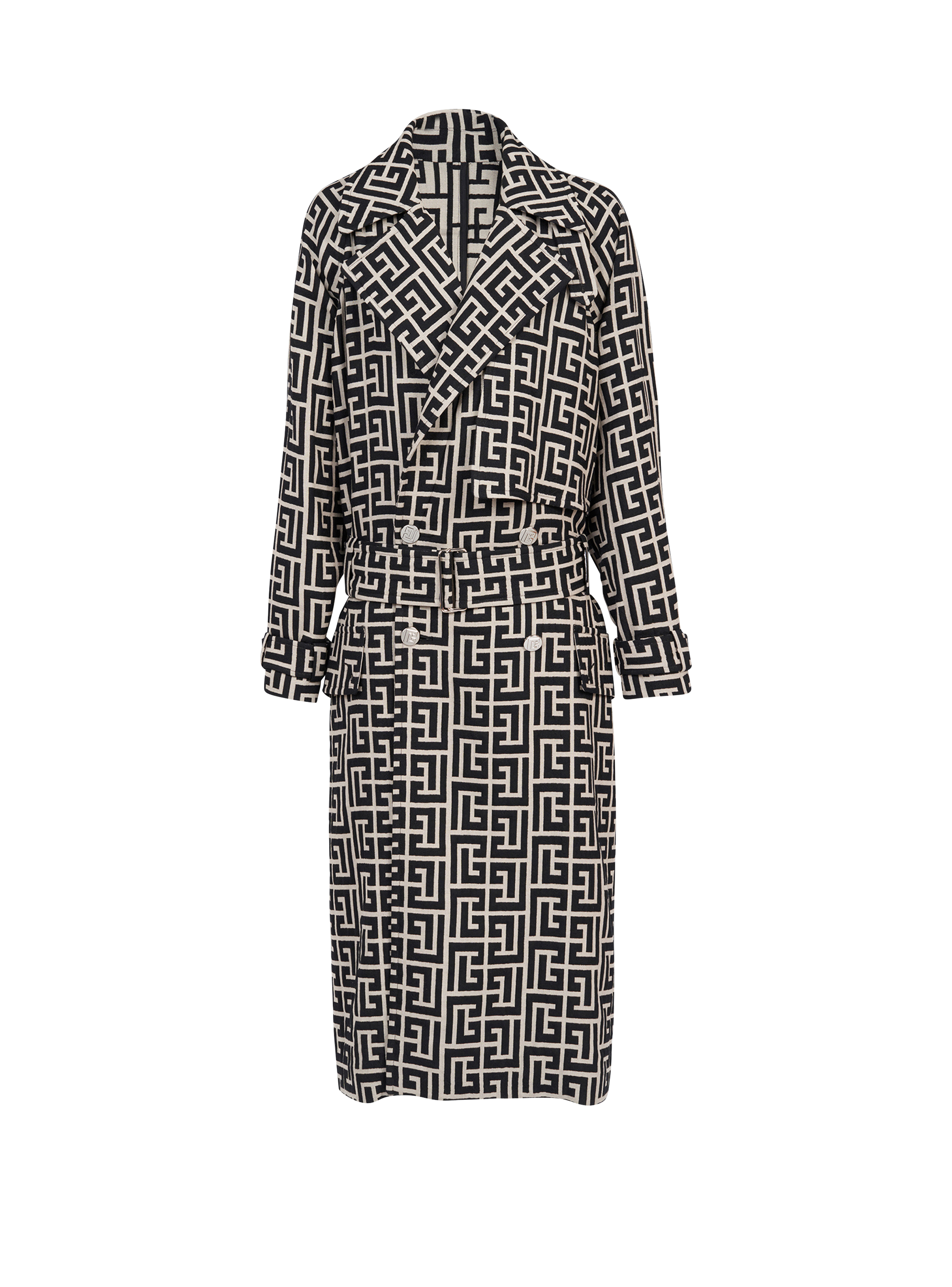 Bicolor wool trench coat with Balmain monogram, black