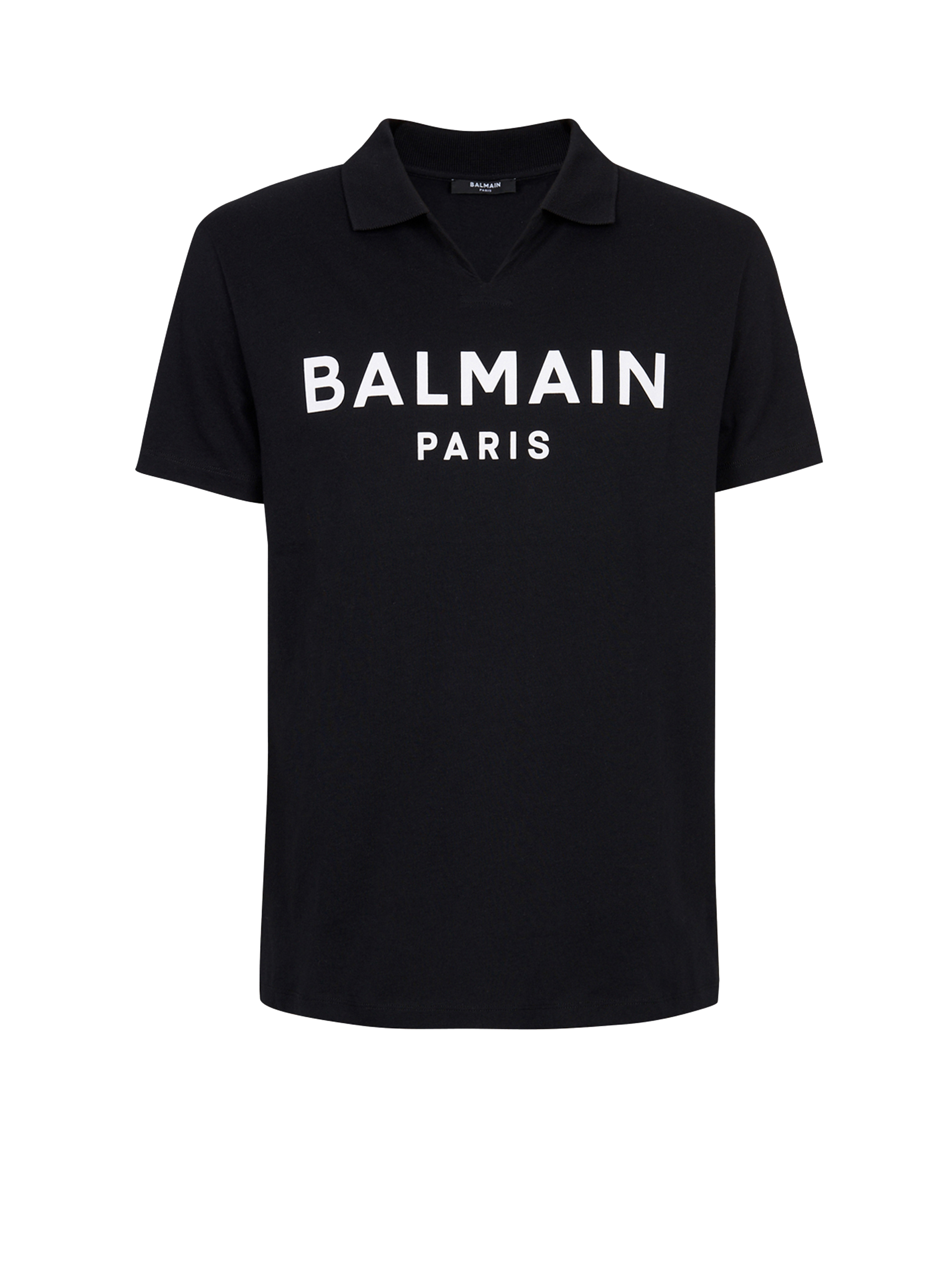 Cotton polo with black Balmain logo print, black