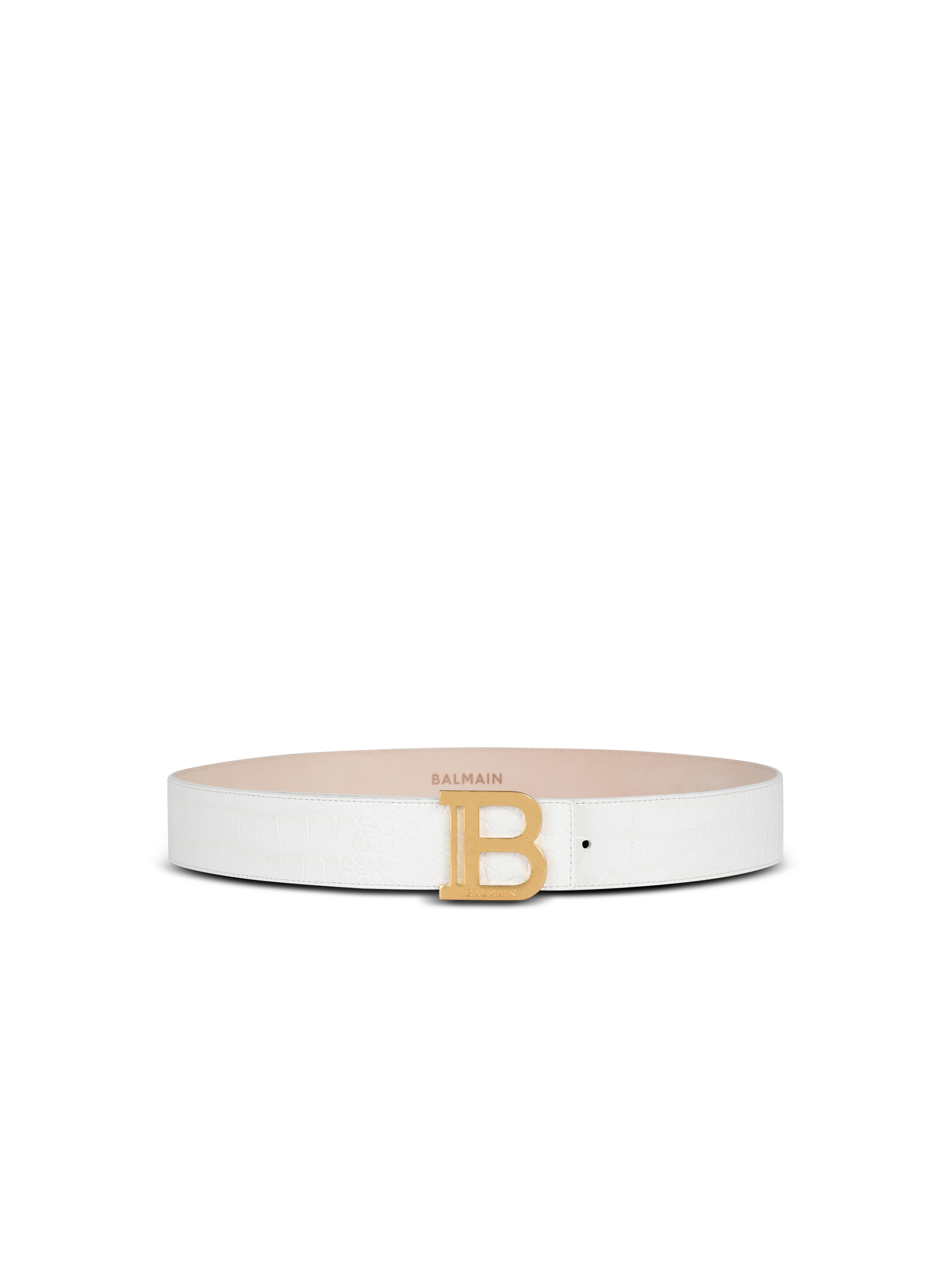 B-Belt in crocodile-embossed leather, white