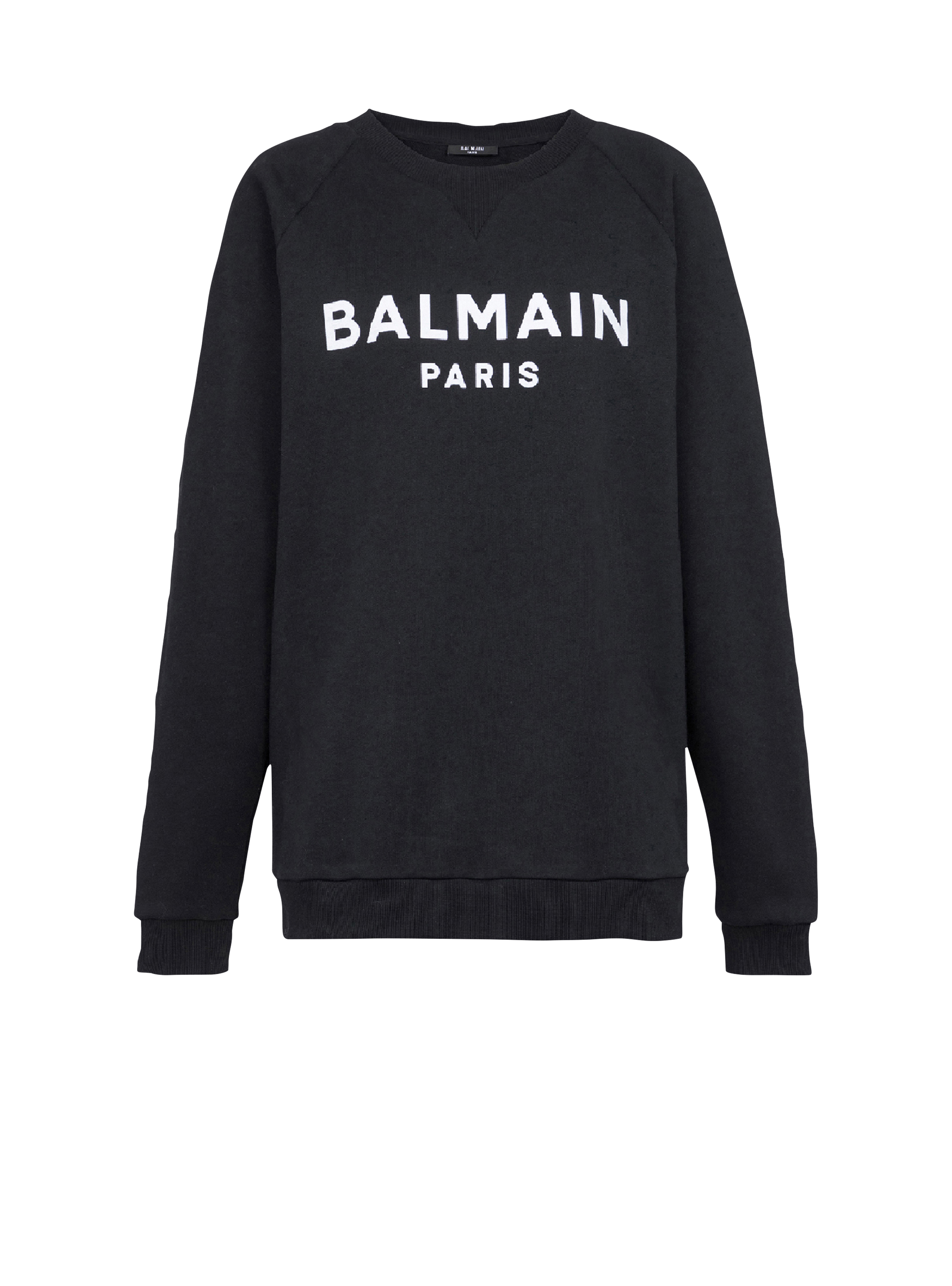 Cotton eco-designed sweatshirt with flocked Balmain logo, black