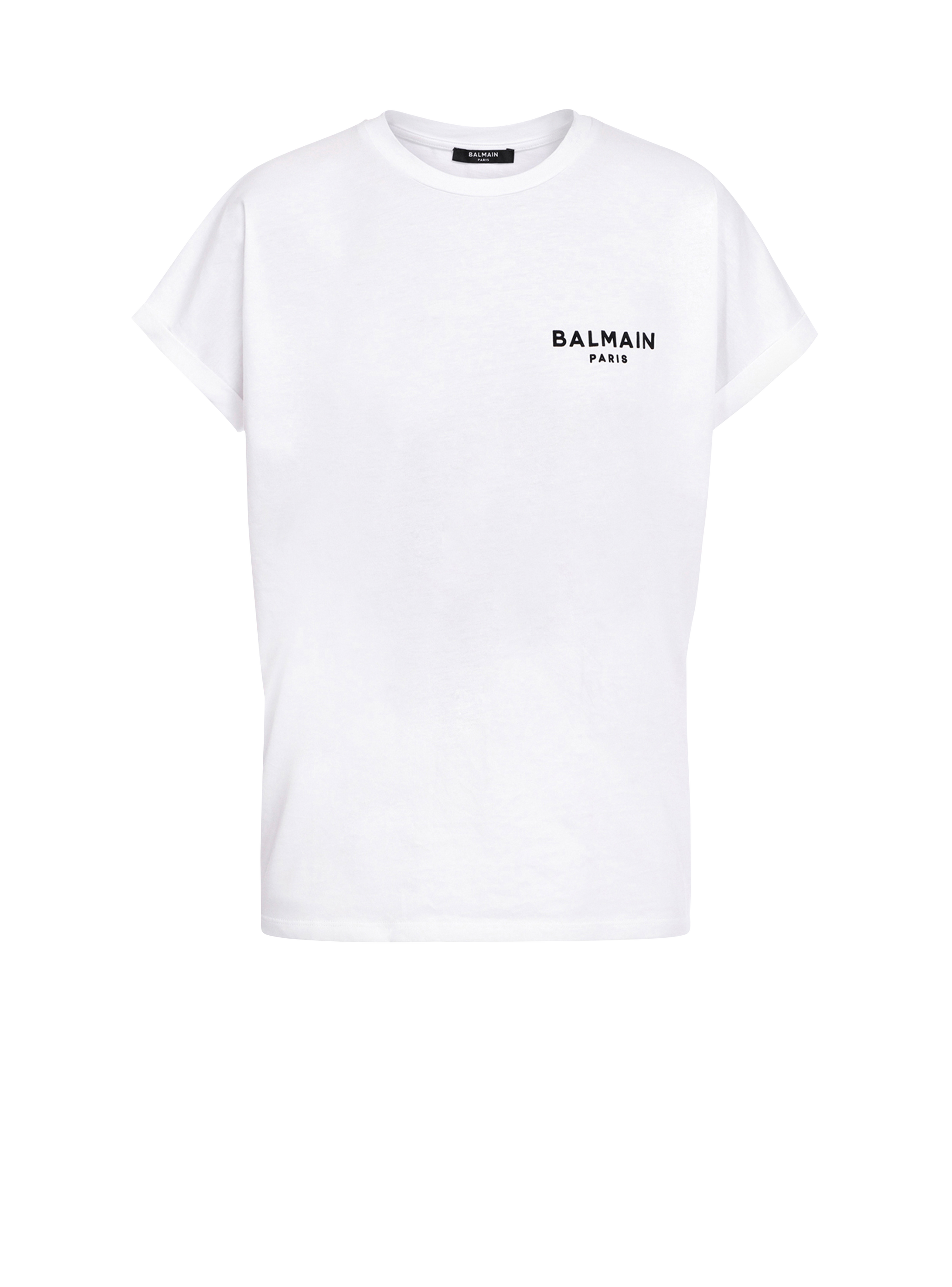 Eco-designed cotton T-shirt with small flocked Balmain logo, white