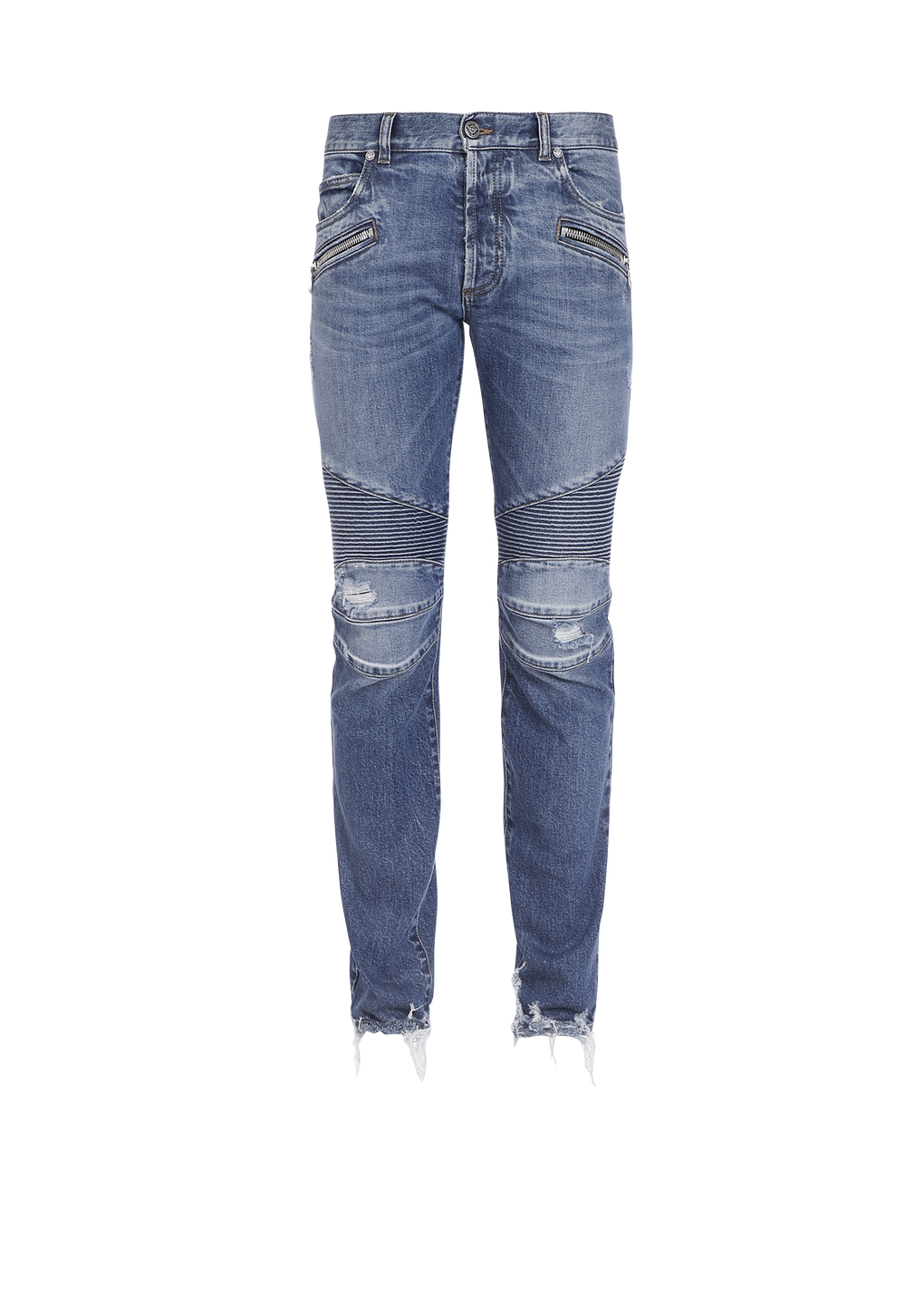 Tapered ripped blue cotton jeans, blue, hi-res