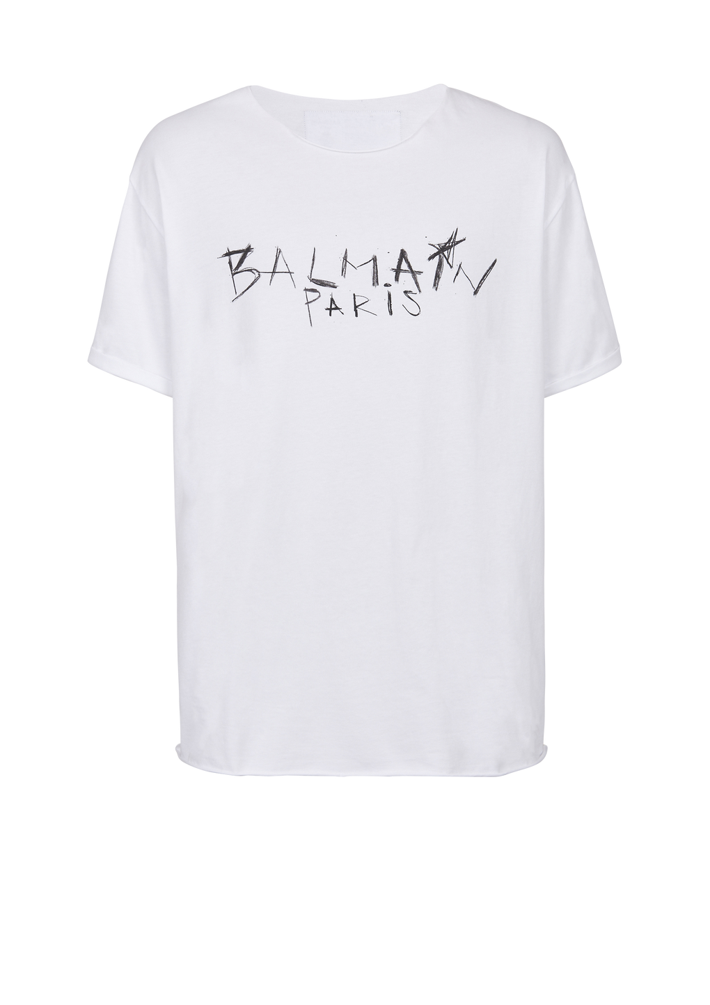 Cotton T-shirt with Balmain Paris graffiti logo print, white, hi-res