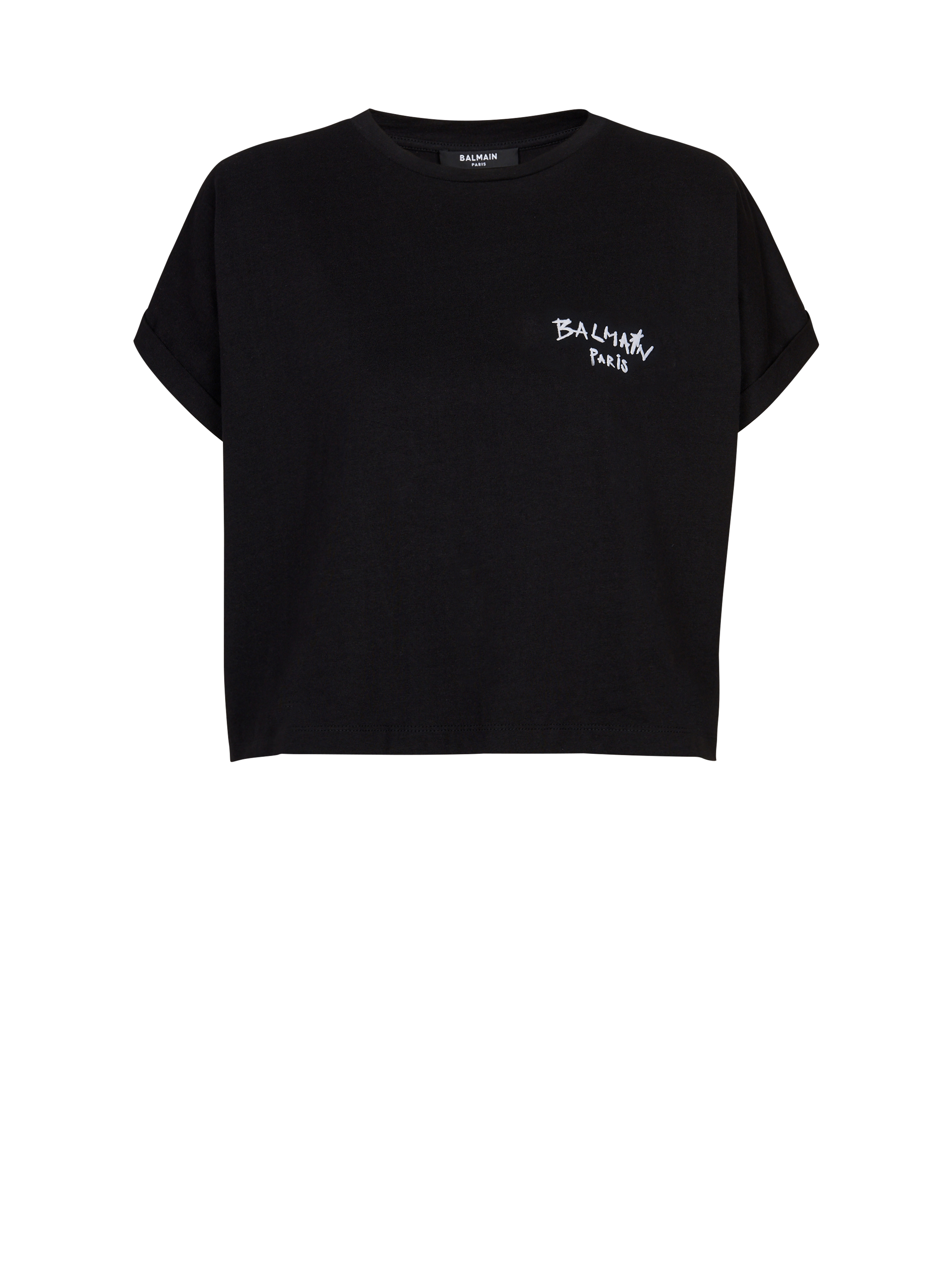 Cropped cotton T-shirt with small flocked graffiti Balmain logo, black
