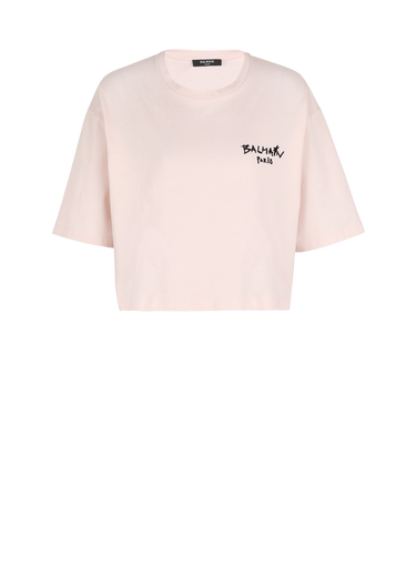 Cropped cotton T-shirt with small flocked graffiti Balmain logo