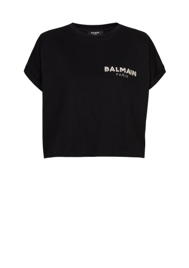 Cropped cotton T-shirt with small flocked Balmain logo