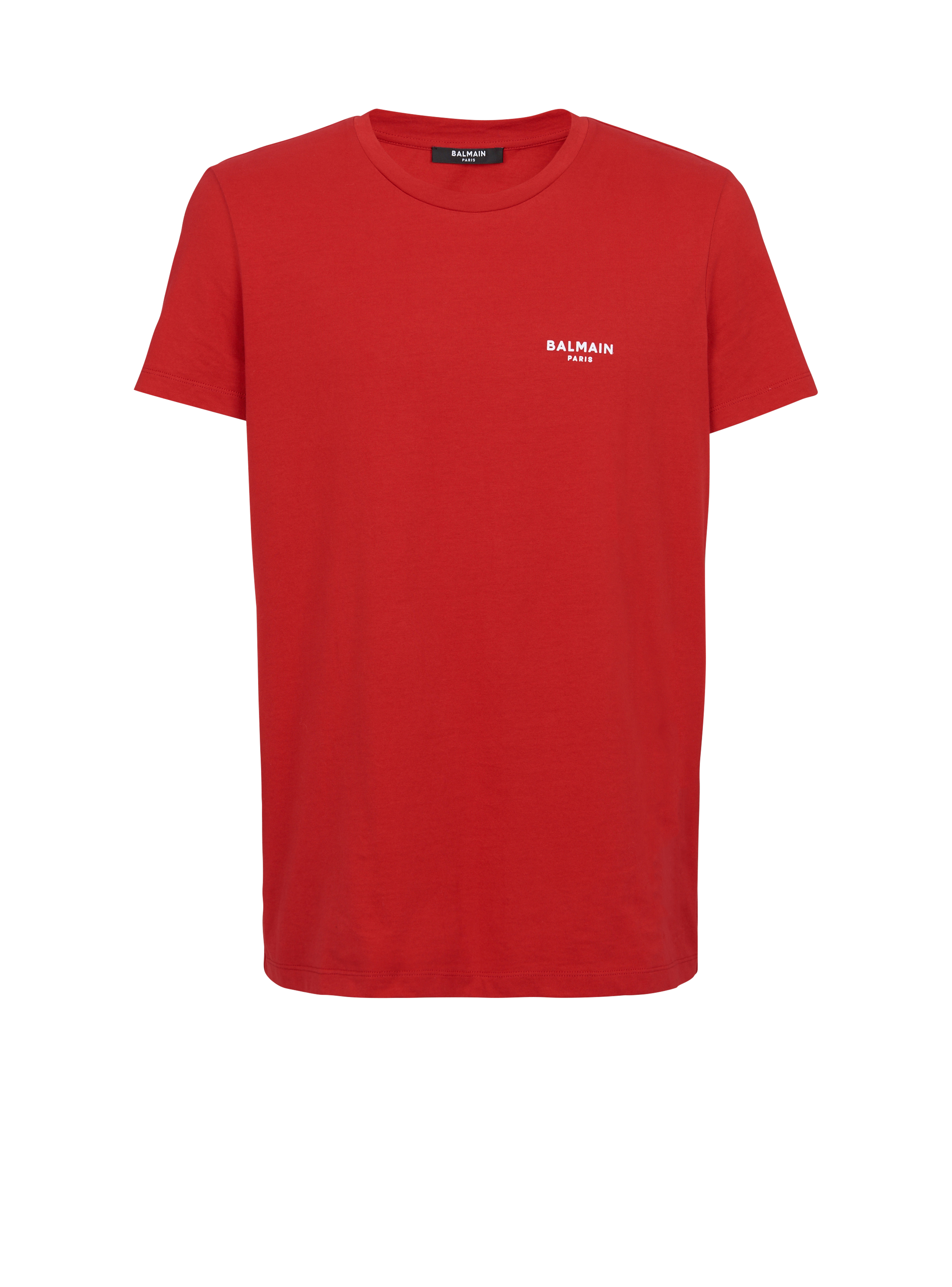 Eco-designed cotton T-shirt with small flocked Balmain Paris logo, red