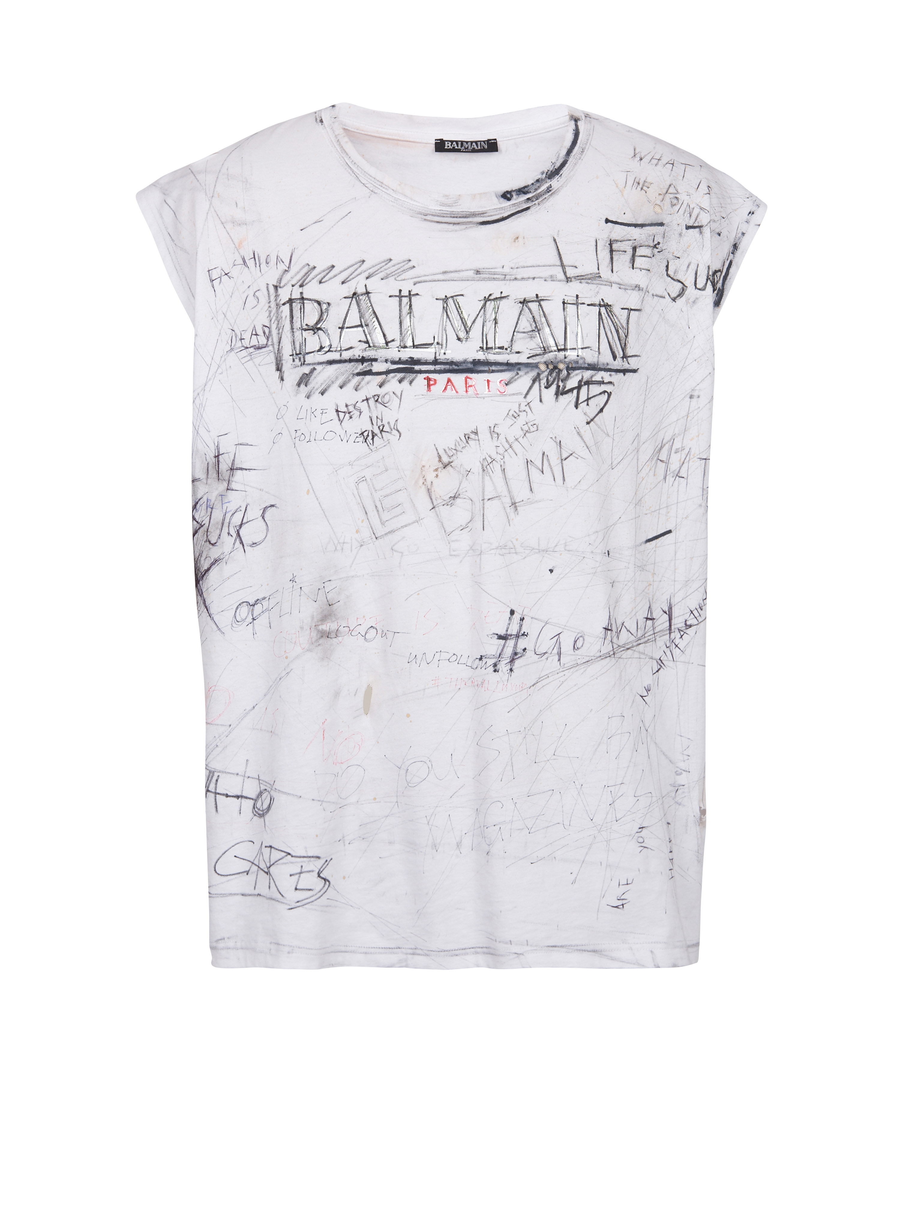 Unisex - Vintage T-shirt with Balmain logo print graffiti, white
