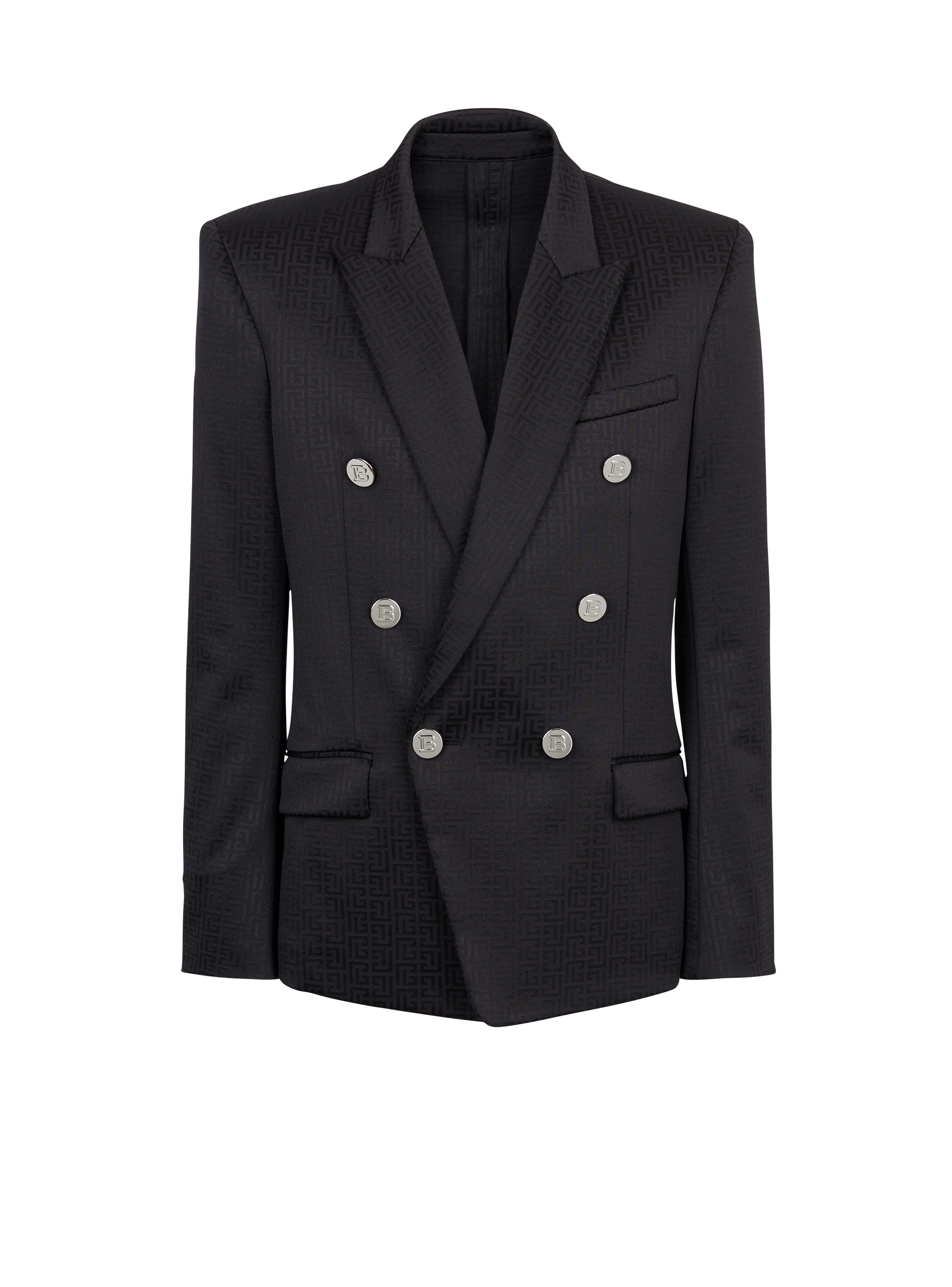 Jersey double-breasted blazer with Balmain monogram print, black