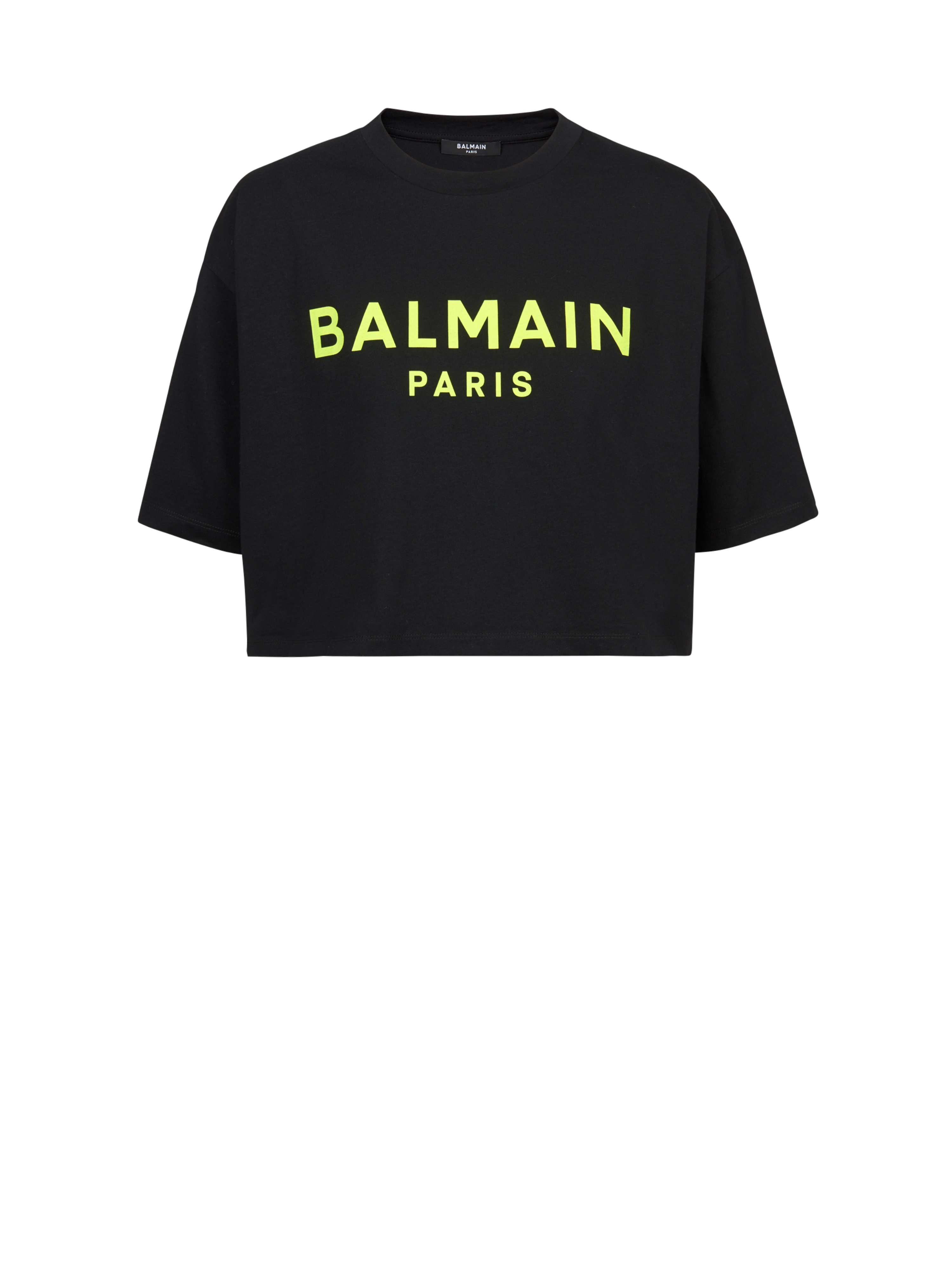 EXCLUSIVE - Cropped cotton T-shirt with Balmain logo print, yellow