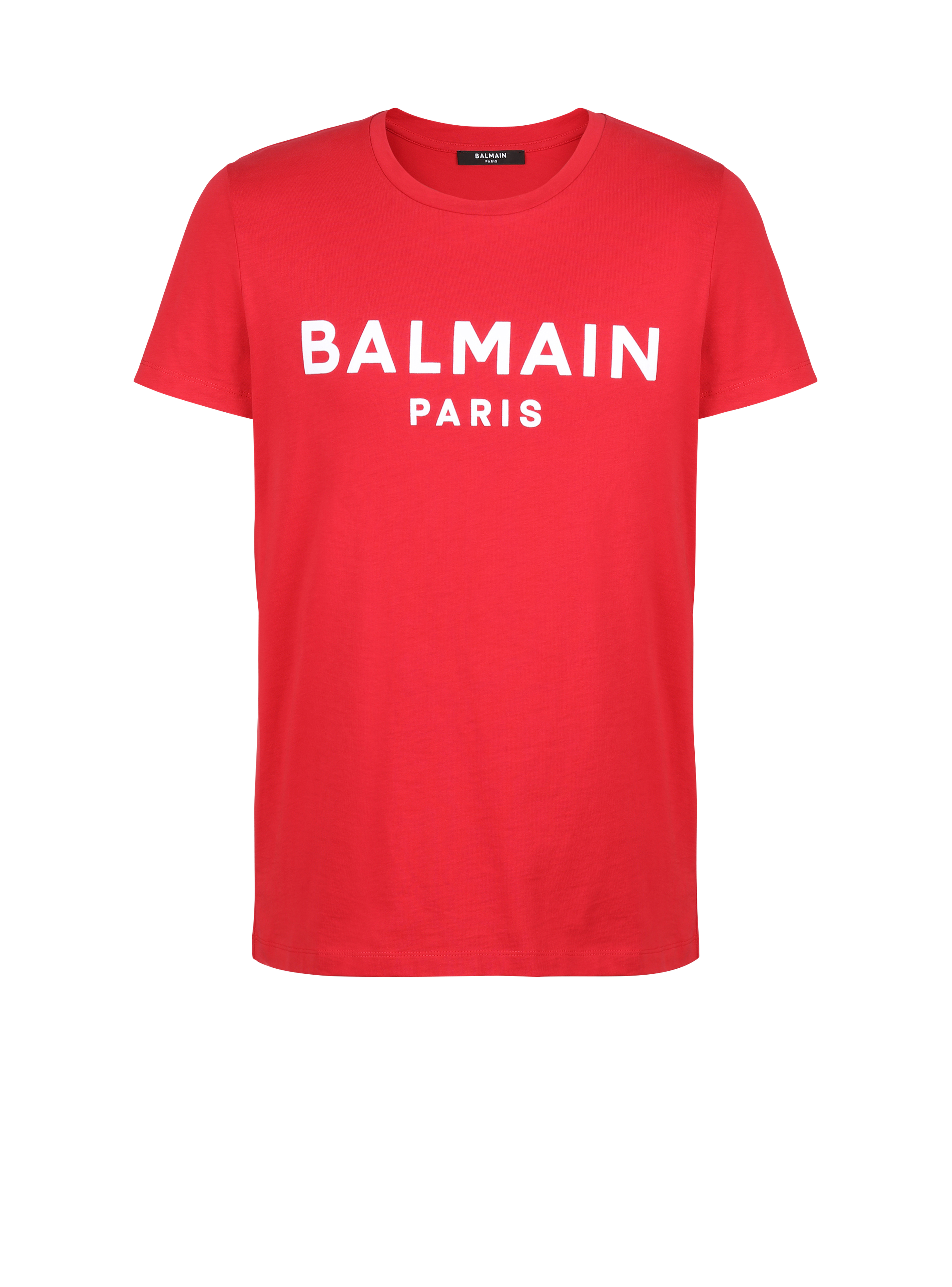 Cotton T-shirt with flocked Balmain medallion, red