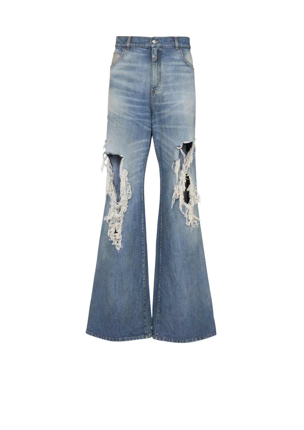 Wide-legged ripped cotton jeans, blue, hi-res