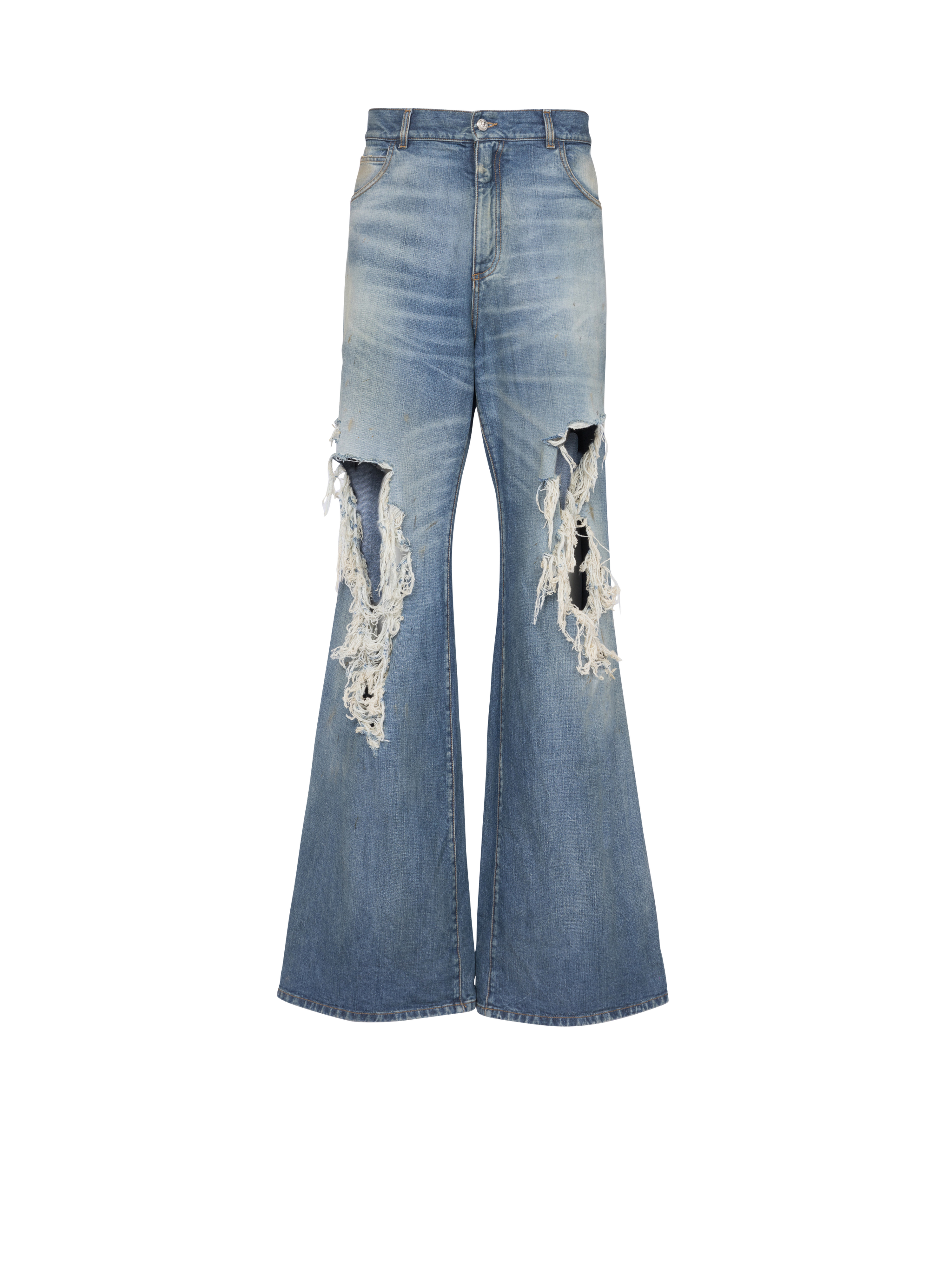 Wide-legged ripped cotton jeans, blue