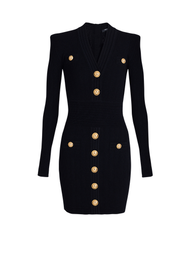 Short eco-designed knit dress with gold-tone buttons